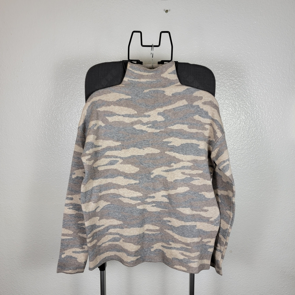 Tahari Camo Print Mock Neck‎ Pullover Sweater Tan Gray Brown Thick Knit Size S